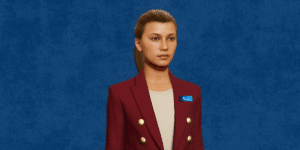 Dr. Michael Everest’s AI Being™ Hannah represented in a tan shirt and maroon blazer with an edYOU nametag.